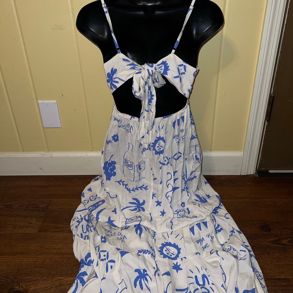 NWT Paper Heart Anthropologie Blue & White Vino Open Tie Back Maxi Dress Size XS - Picture 5 of 10